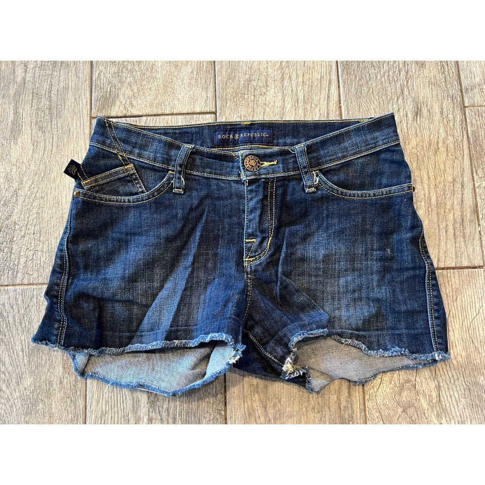 Rock & Republic Denim Shorts Size 2 Dark Wash Raw Hem Low Rise Womens Cut Off